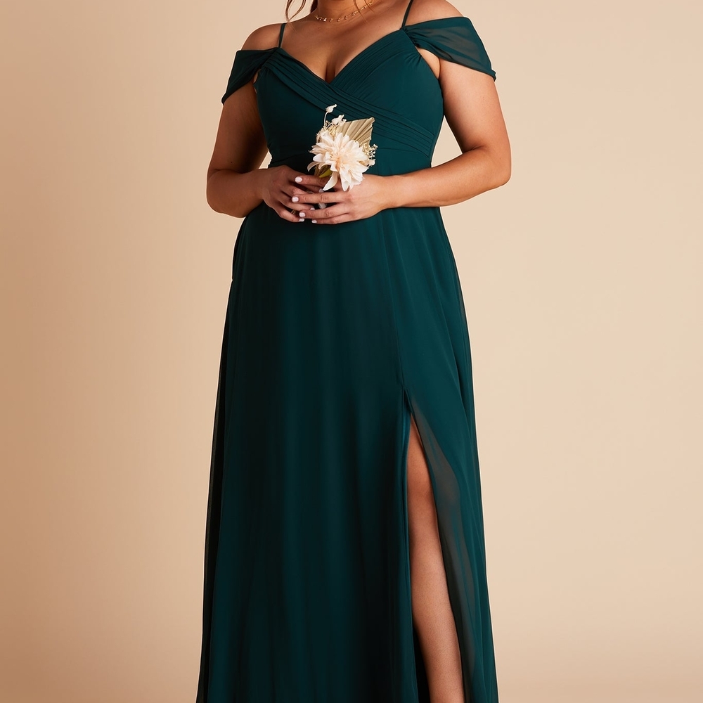 Birdy Grey Teal Off-Shoulder Gown Spence Dress
Chiffon Emerald